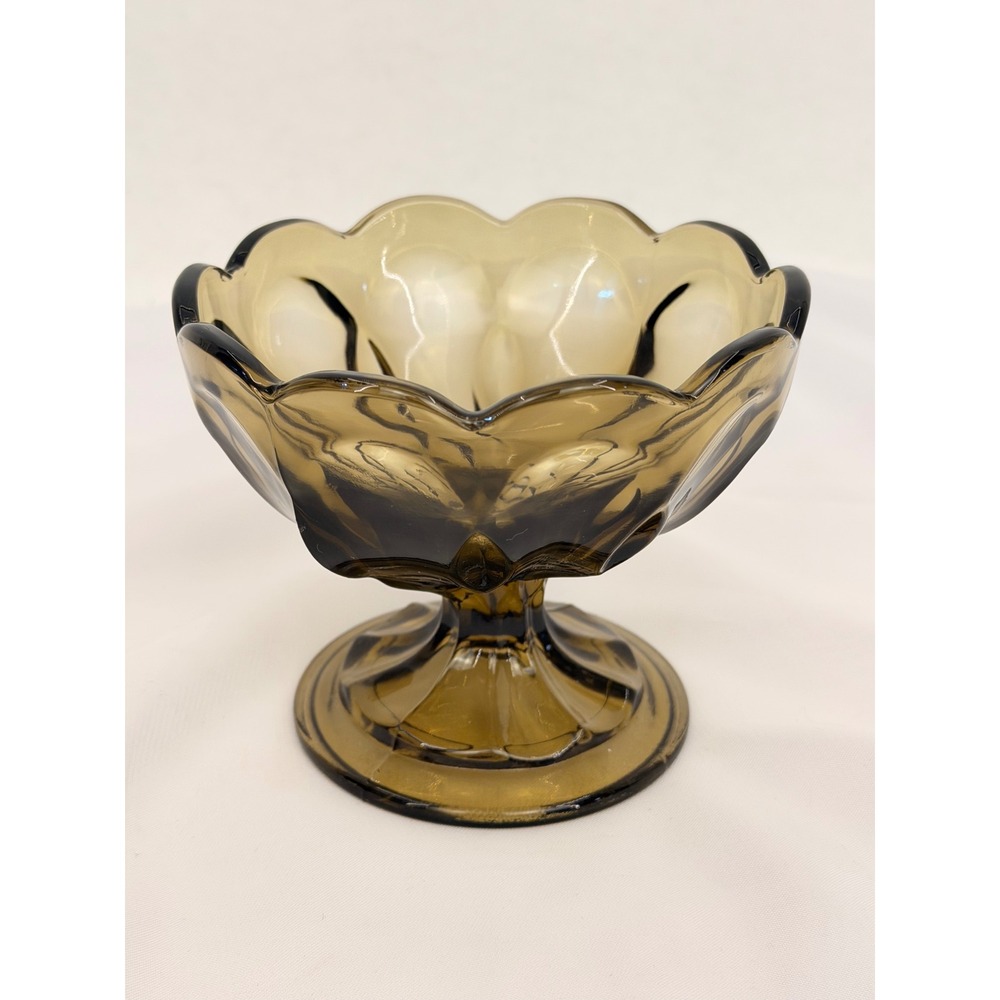Anchor Hocking Soreno Smoke Brown Glass Pedestal Dessert Bowl Scalloped Rim
